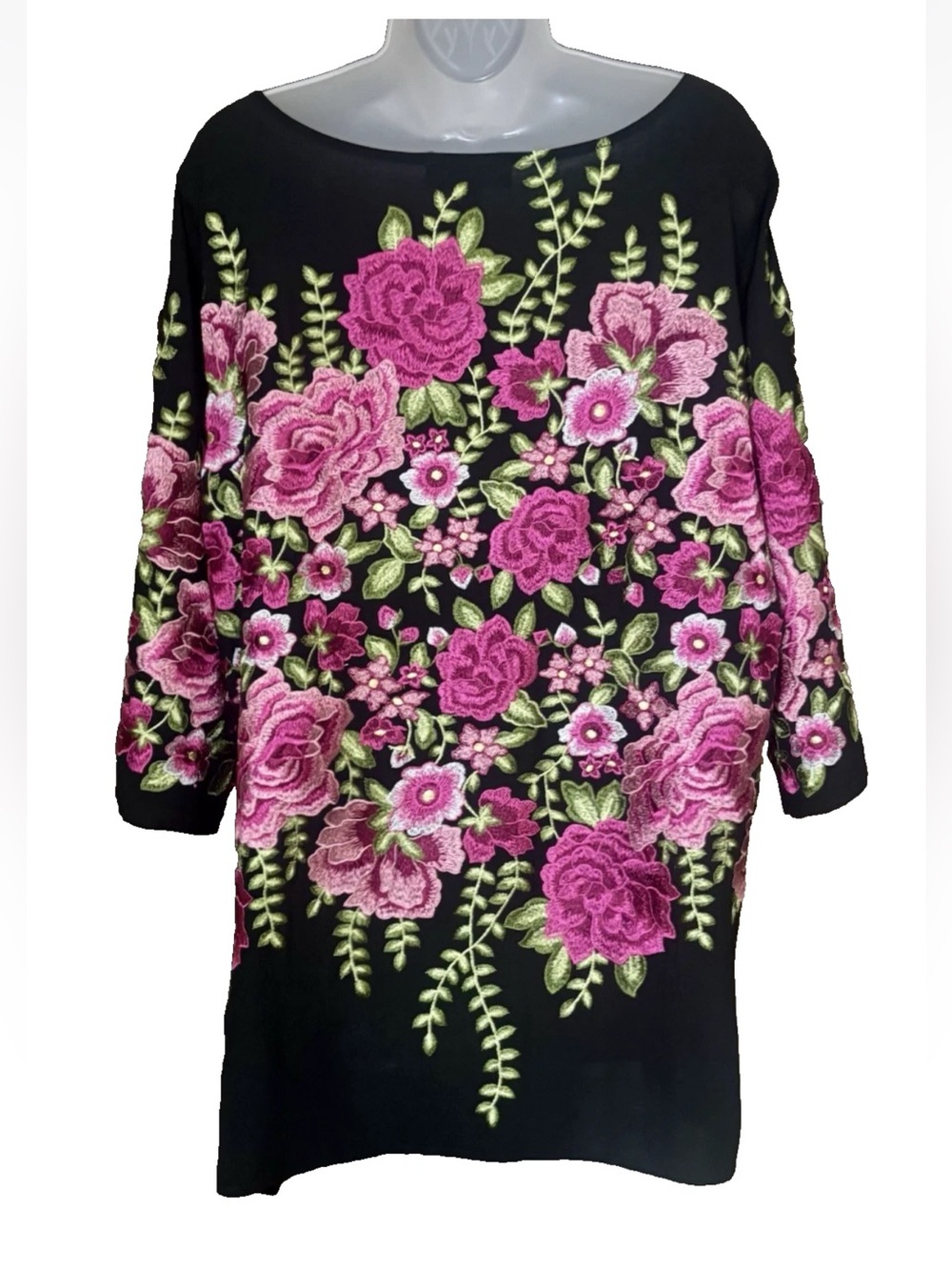 Karen Kane Black Pink Green Floral Embroidered 3/4 Sleeve Side Slits Tunic XL - Picture 3 of 12